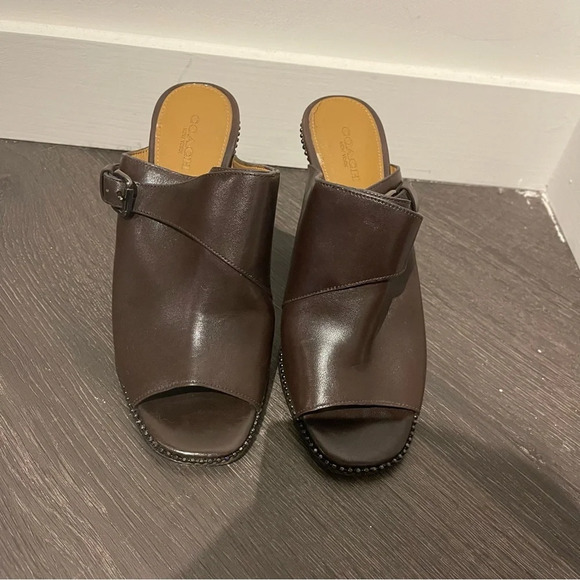 Coach Maple Sadle Semi Matte Leather Brown Mule Sandal Heels Beaded 7.5 Mobwife - Picture 3 of 10